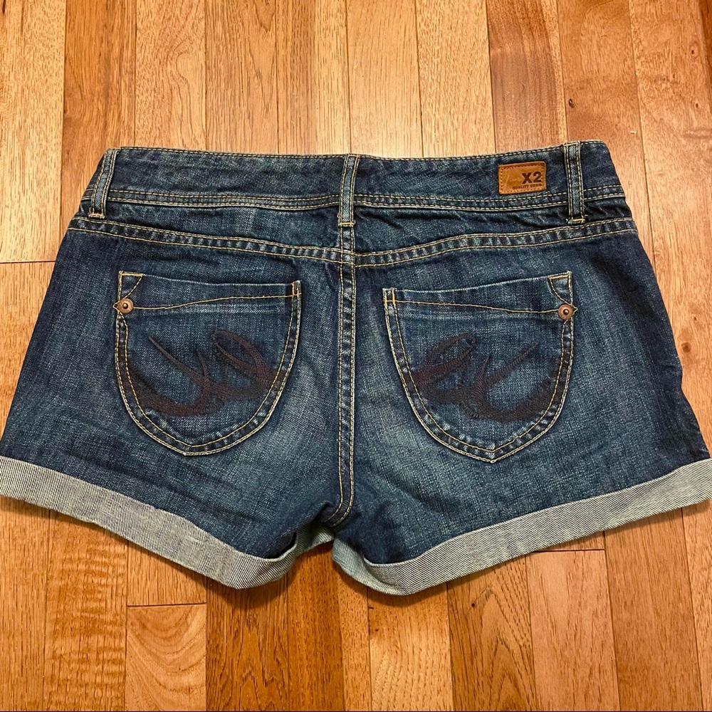 Express X2 Denim Dark Wash Jean Shorts, size 6.